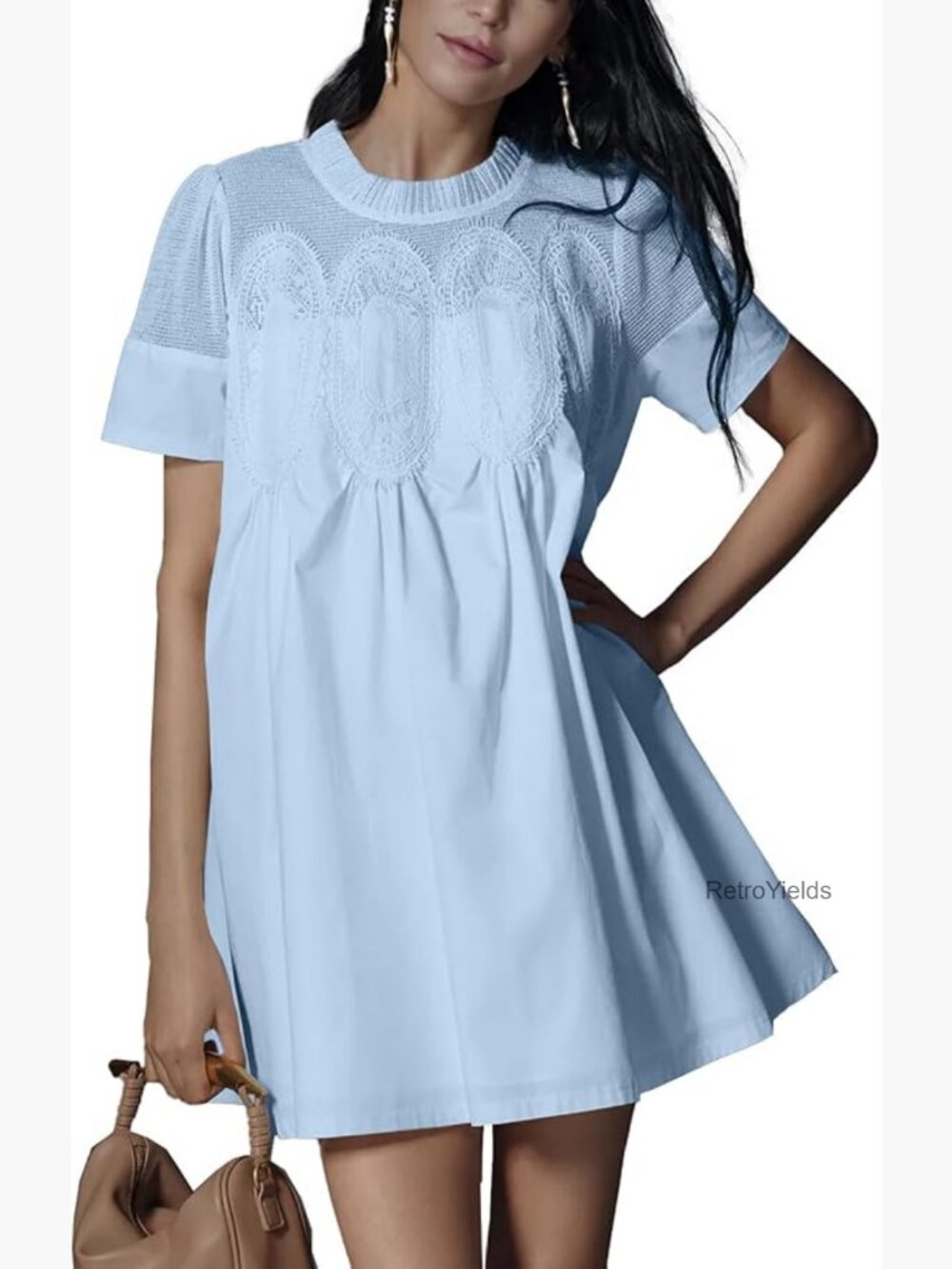 Lace Babydoll Dress with Ruffle Hem Short Sleeve Sundress Loose Fit
